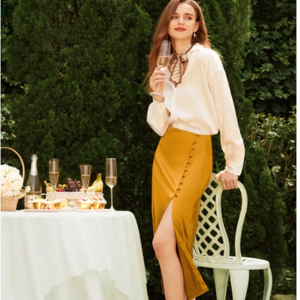 NWT | Commense | Sunset Serenade Satin Midi Skirt | Yellow | Sz XS